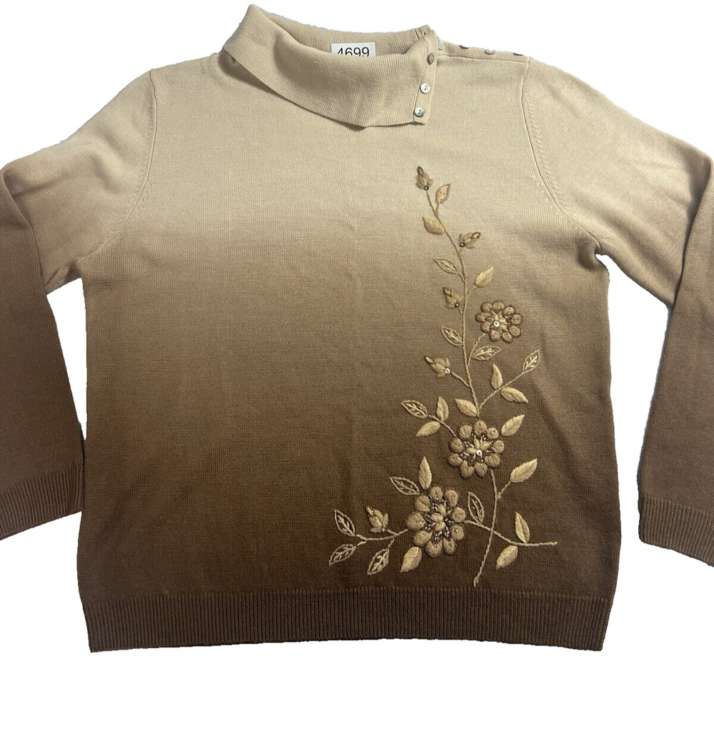 Alfred Dunner Sweater Womens Ombre Embroidered Brown Turtleneck Wool Blend